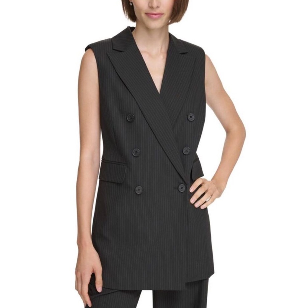 Calvin Klein Womens Pinstripe Double Breasted Blazer Jacket, Black, NWT Size 12